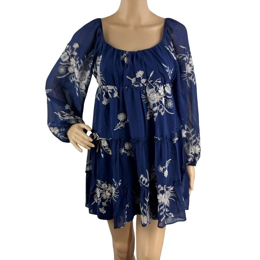 Altar’d State Floral Tiered Dress Sheer Sleeves Boho Navy Size S